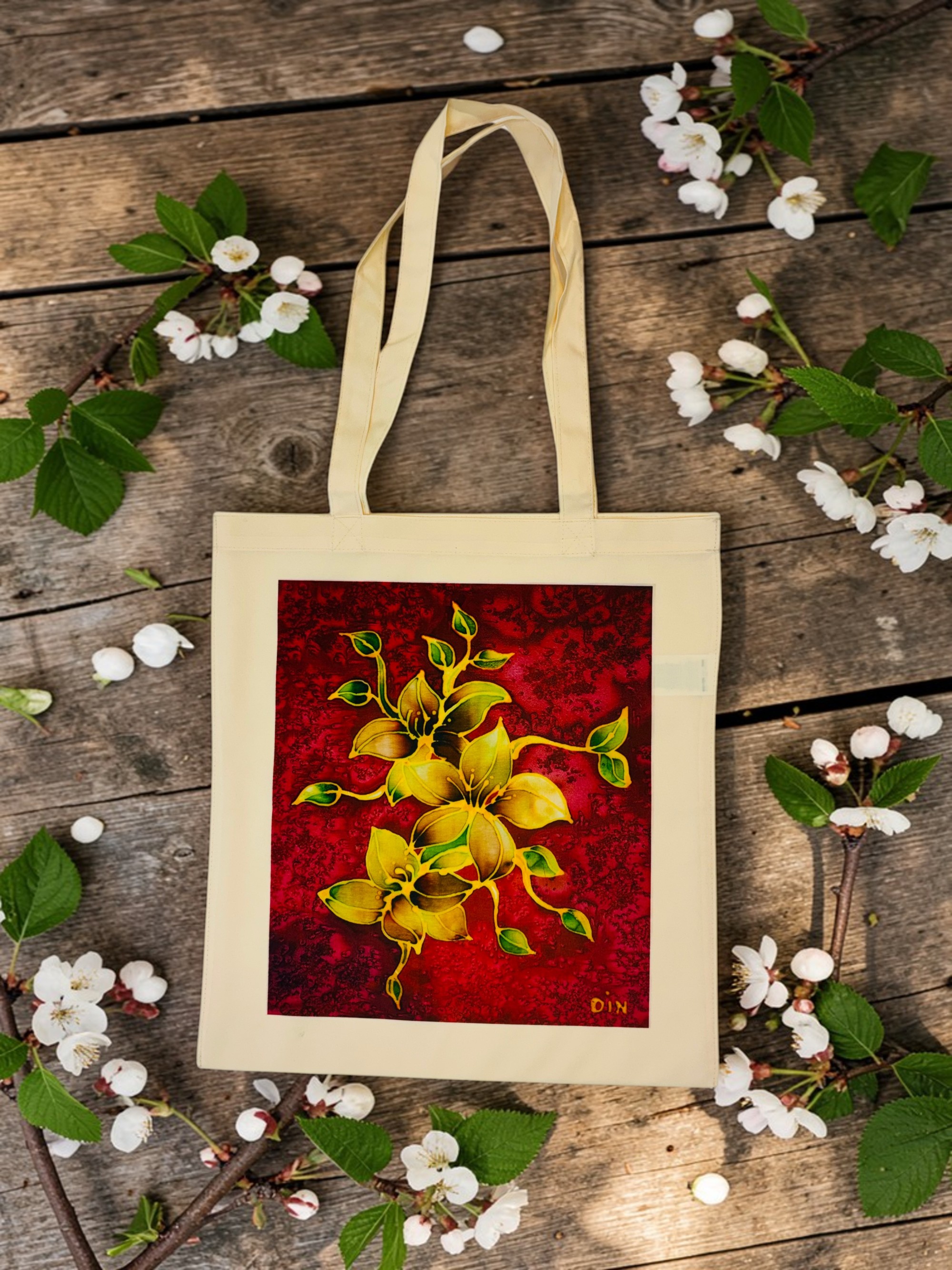 Shopper Fiori Su Sfondo Bordeaux